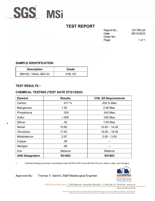 Certifikát s materiálovým složením piercingu