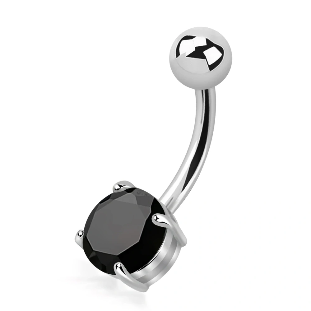 Stříbrný piercing do pupíku s černým krystalem 12 mm