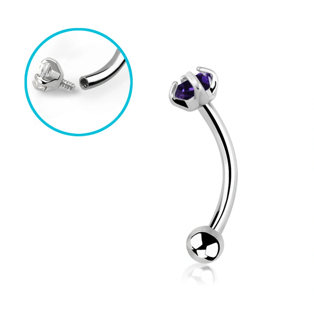 Zahnutá činka (banánek) do piercingu – stříbrná, kamínek + kulička, Ametyst 8 mm