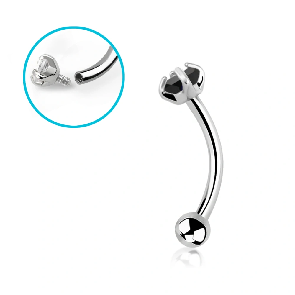 Zahnutá činka (banánek) do piercingu – stříbrná, kamínek + kulička, černá 8 mm