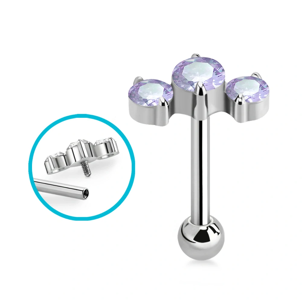 Titanový piercing G23 se závitem uvnitř – luxusní šperk s kamínky