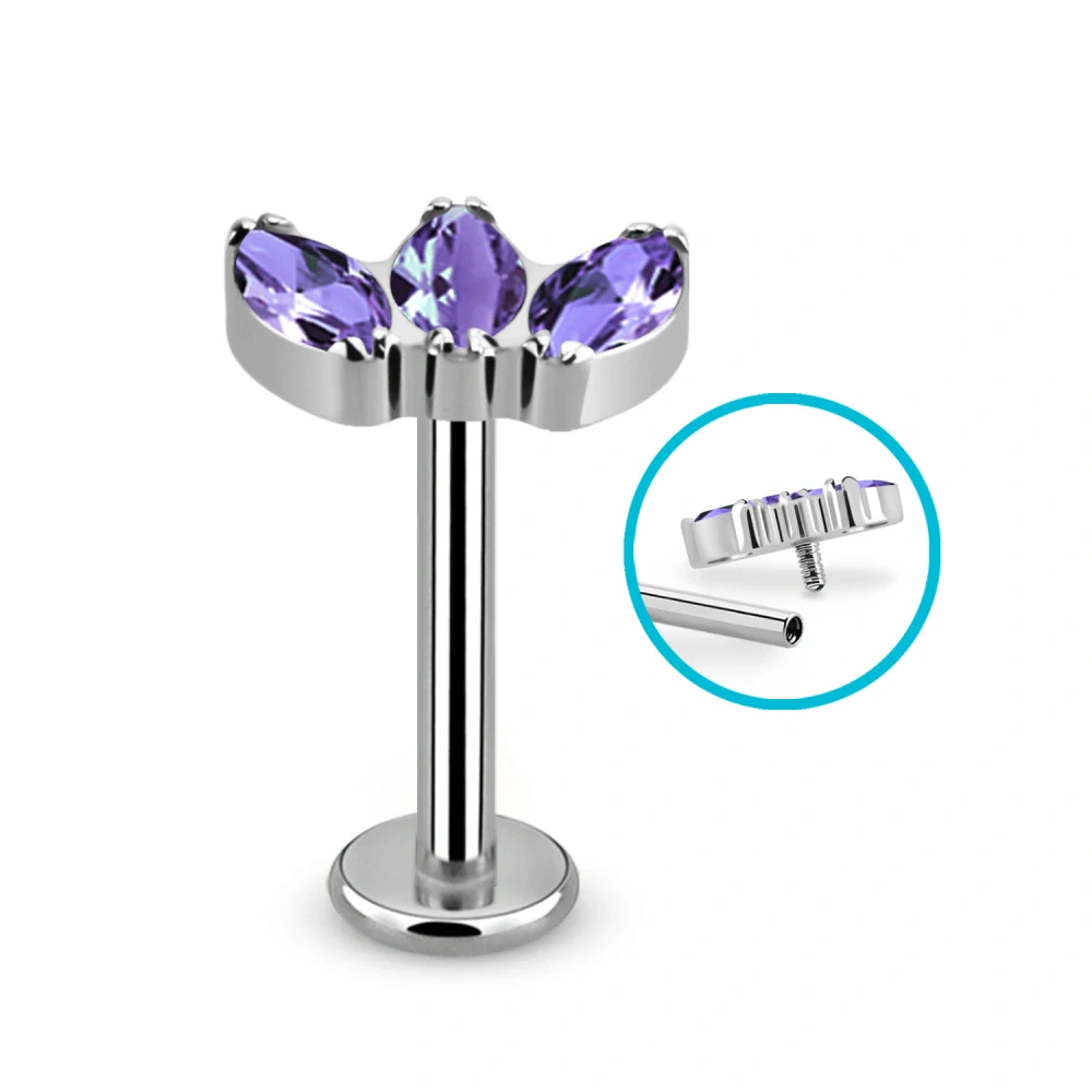 Titanový labret se třemi různébarevnými krystaly – ocelová barva