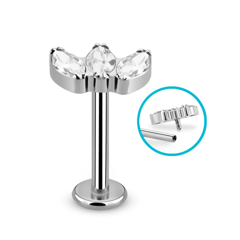 Titanový labret se třemi různébarevnými krystaly – ocelová barva