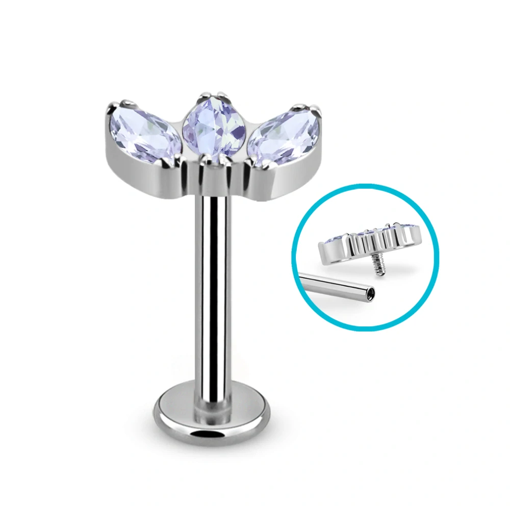 Titanový labret se třemi různébarevnými krystaly – ocelová barva