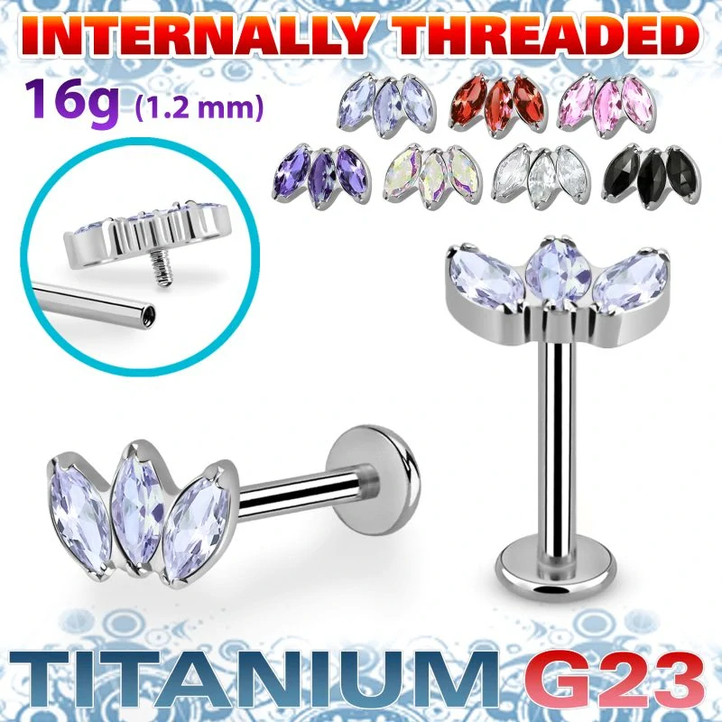 Titanový labret se třemi různébarevnými krystaly – ocelová barva ULBIN23 InfinityPierce