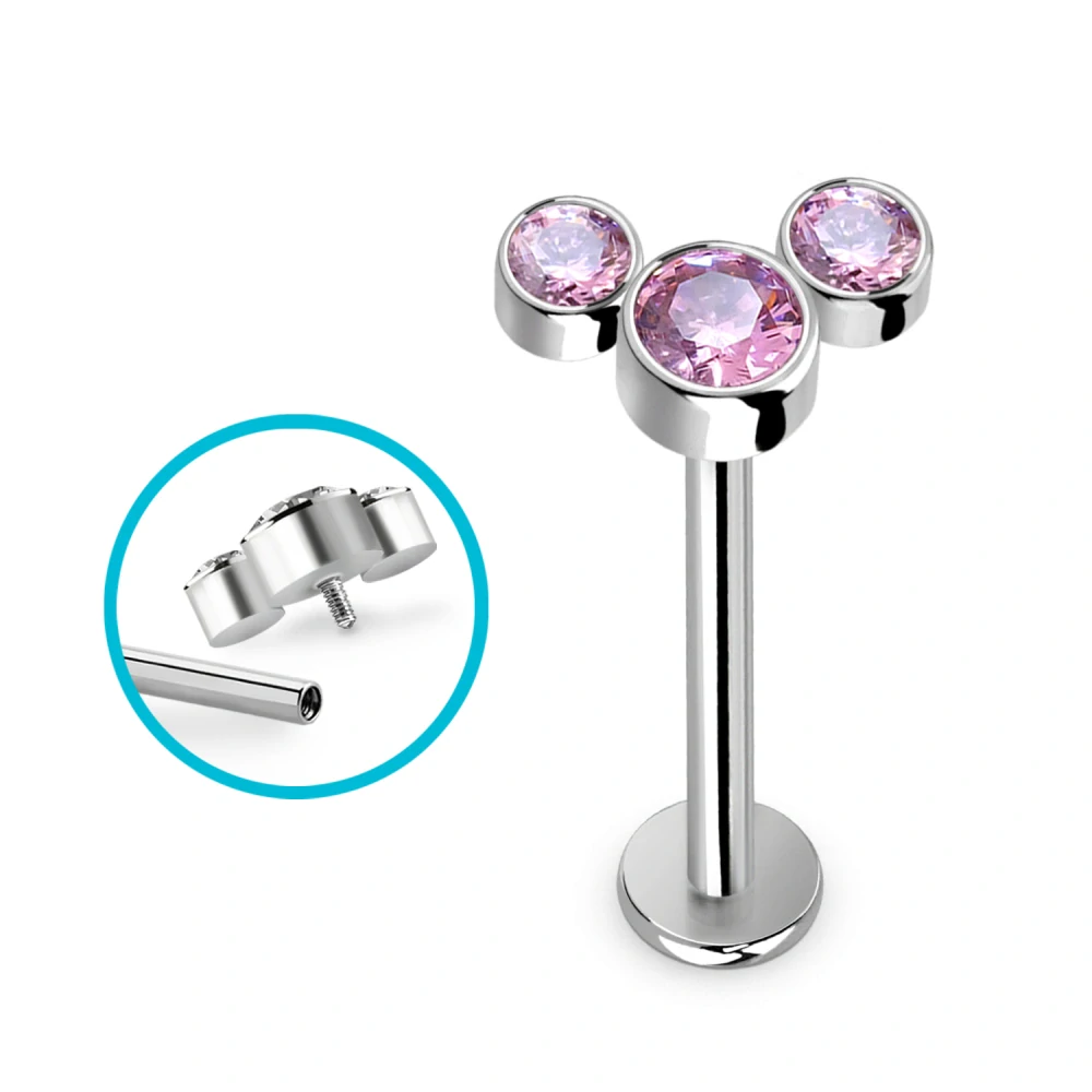 Titanový piercing G23 se třemi kulatými krystaly