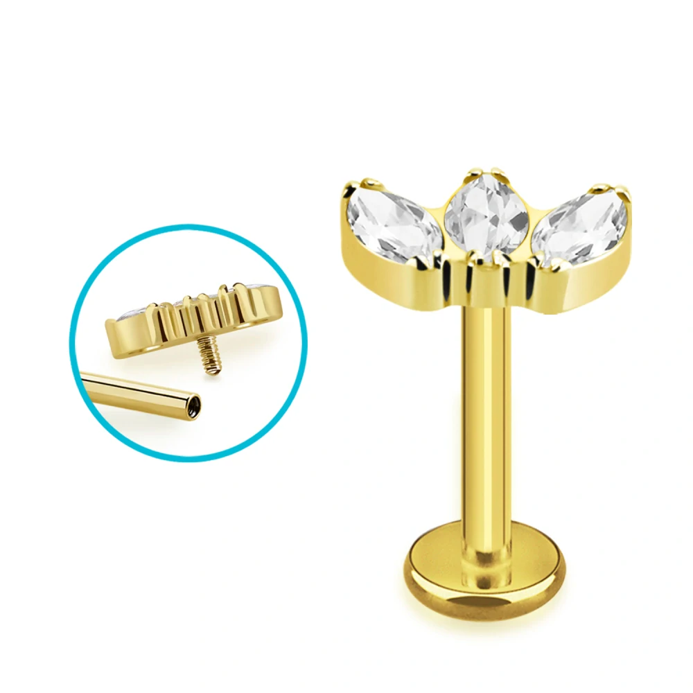 Titanový labret Marquise – zlatý 8 mm, čiré krystaly
