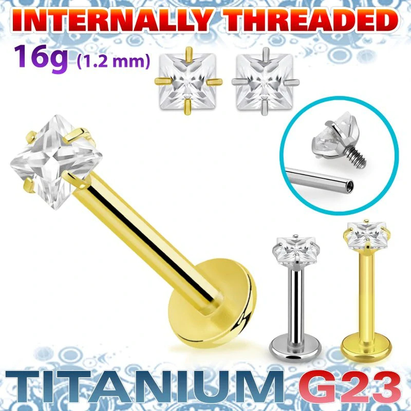 Titanová labretka s čirým kamínkem ve tvaru krychličky – zlatá / ocelová ULBIN56 InfinityPierce