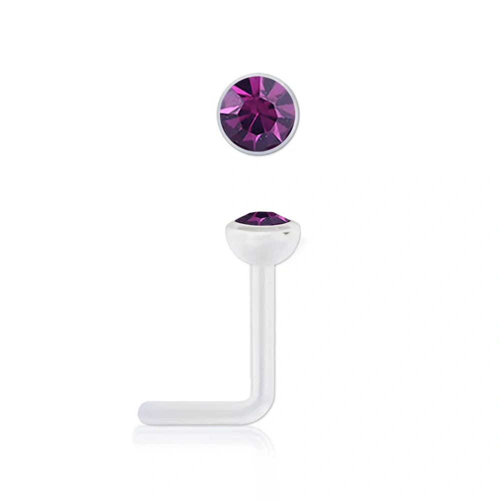 Zahnutý piercing do nosu z bioplastu s krystalem Swarovski® – ametyst