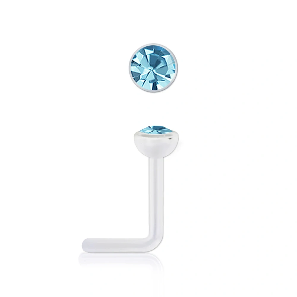 Zahnutý piercing do nosu z bioplastu s krystalem Swarovski - aquamarín