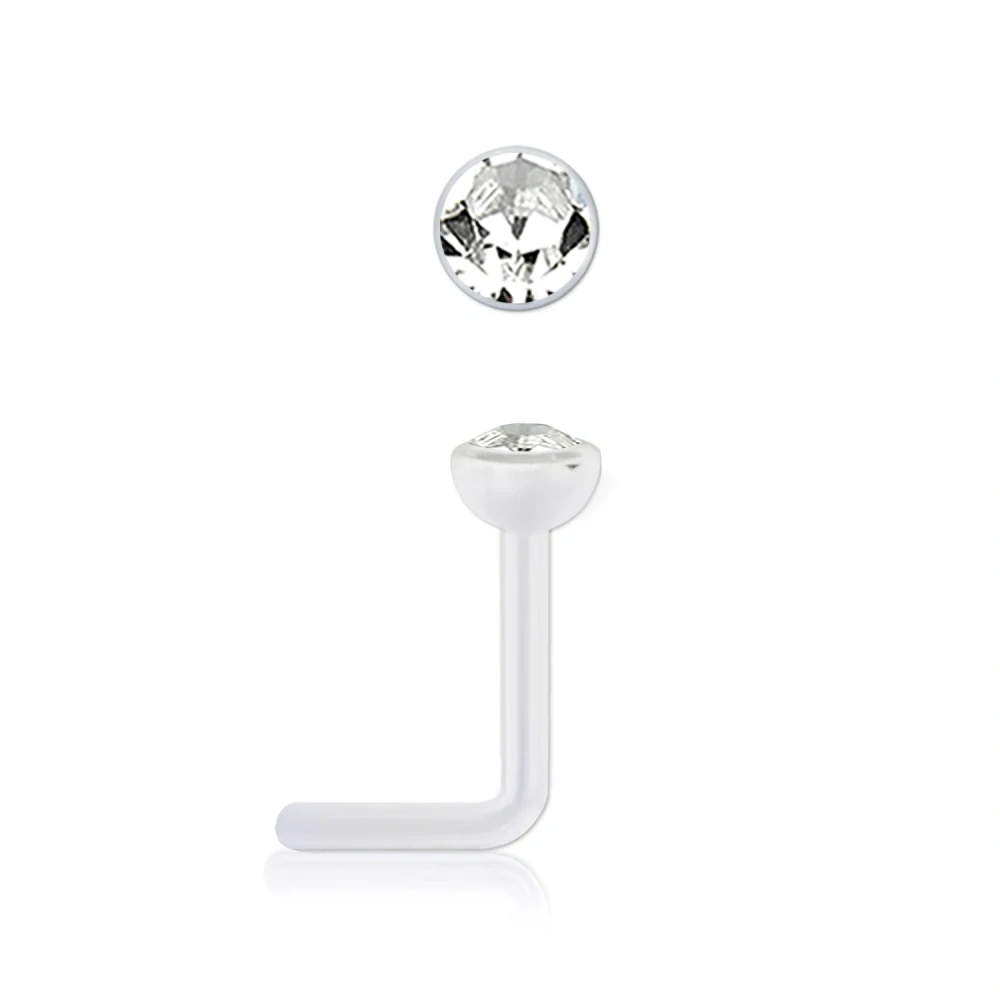 Zahnutý piercing do nosu z bioplastu s čirým krystalem Swarovski