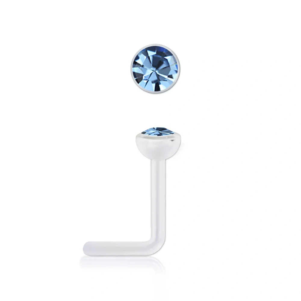 Zahnutý piercing do nosu z bioplastu s krystalem Swarovski® – světle modrá