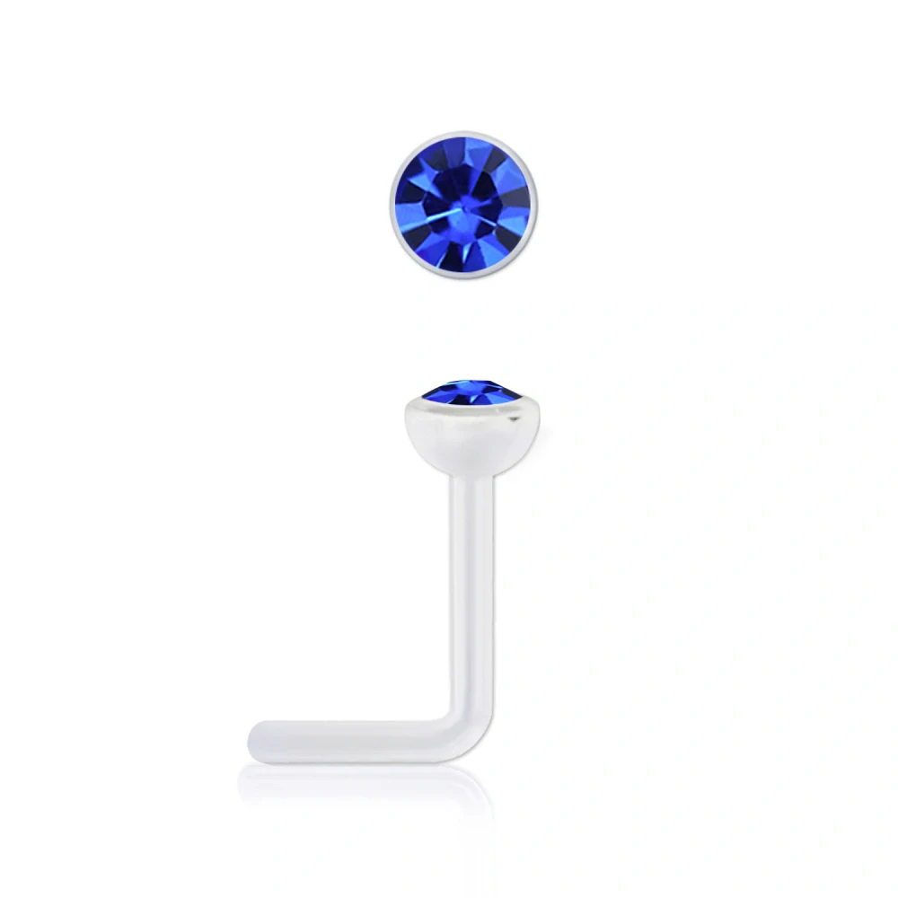 Zahnutý piercing do nosu z bioplastu s krystalem Swarovski – tmavě modrá