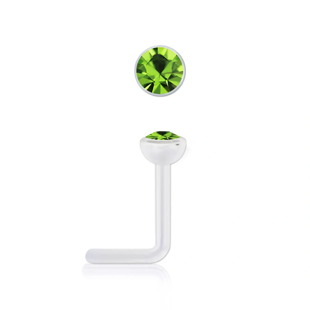 Piercing do nosu zahnutý – bioplastový nosní šperk s krystalem Swarovski světle zelená