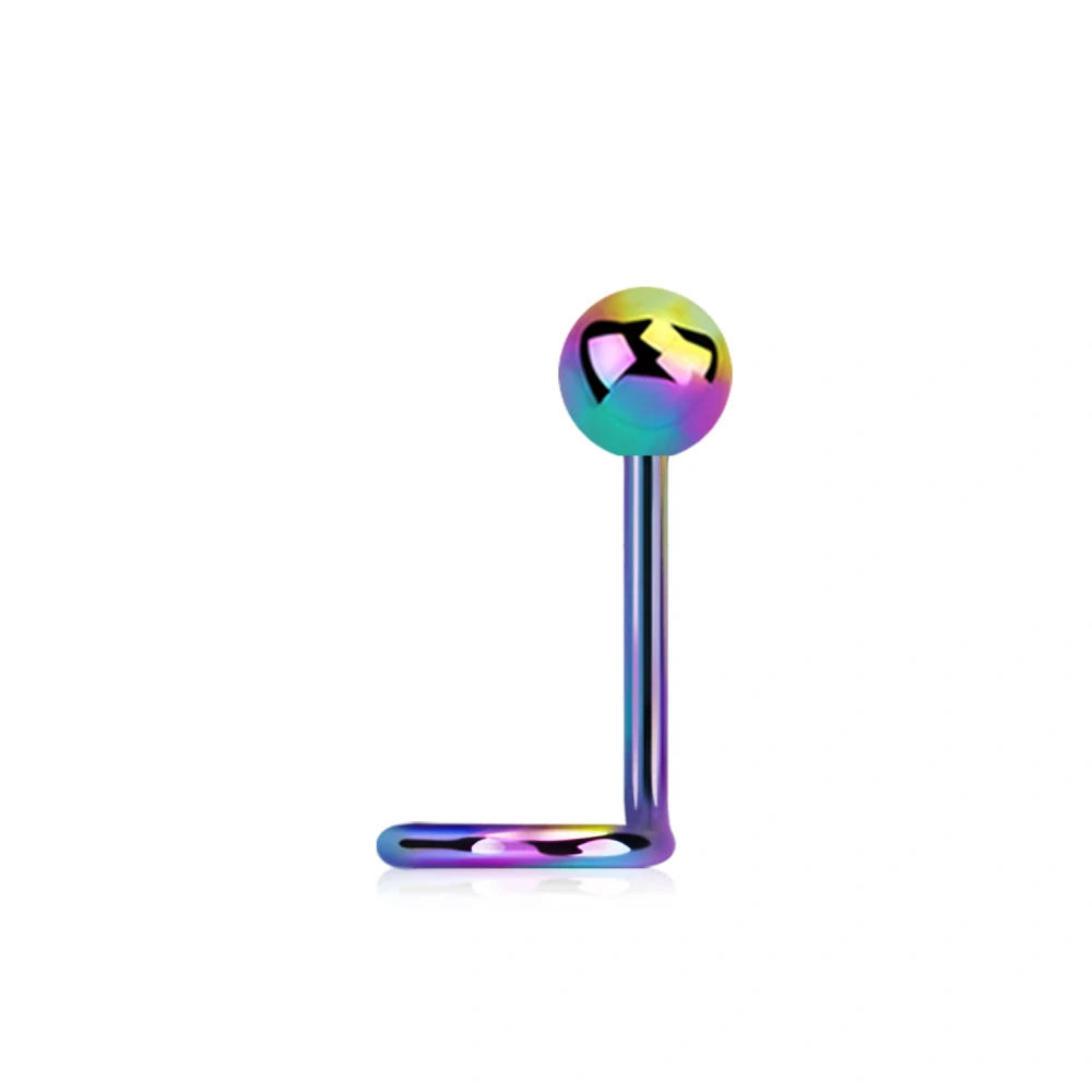 Zahnutý piercing do nosu s kuličkou duhový 0,8 mm