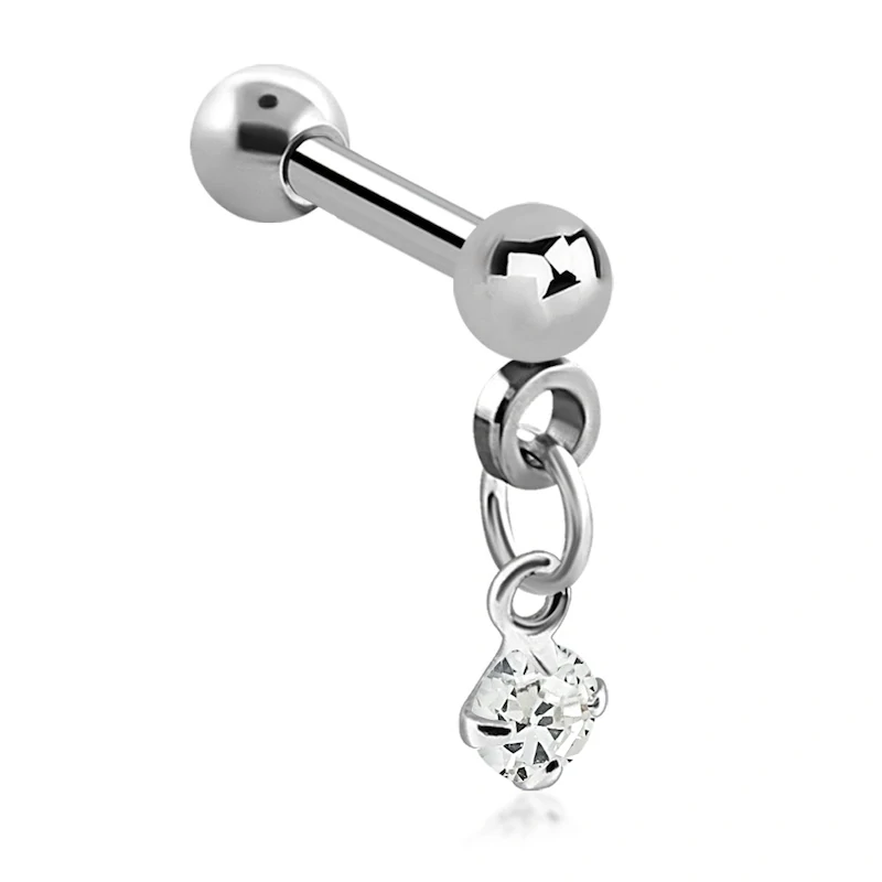 Stříbrný piercing do ucha s kamínkem a řetízkem – čirá 8 mm