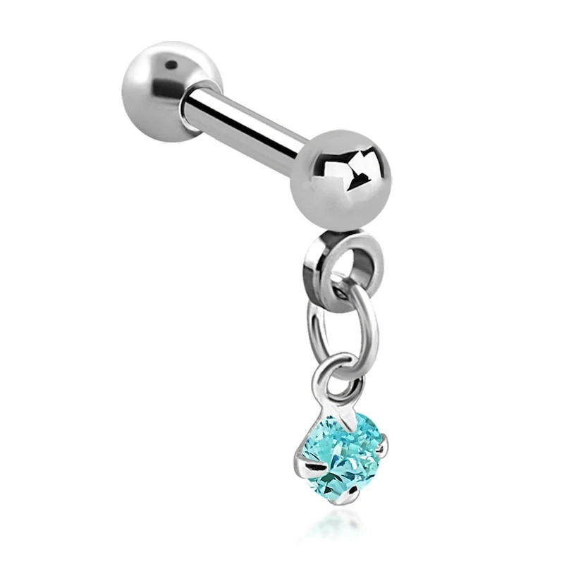 Stříbrný piercing do ucha s kamínkem a řetízkem – aquamarín 8 mm