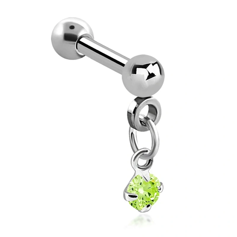 Stříbrný piercing do ucha s kamínkem a řetízkem – zelená 8 mm