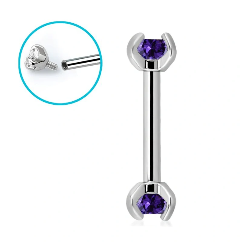 Rovná piercingová činka stříbrná s ametyst krystaly délky 10 mm