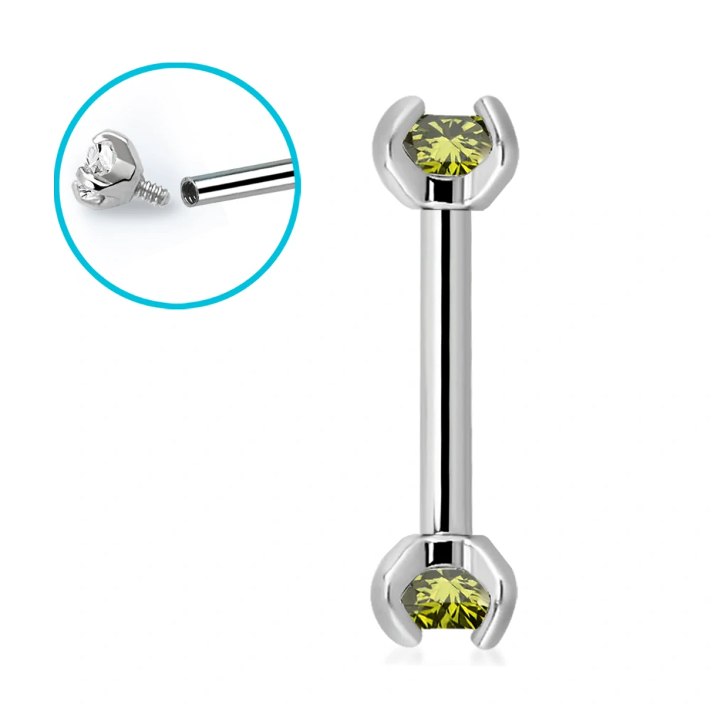 Rovná činka do piercingu – stříbrný šperk s olivovými krystaly délky 8 mm