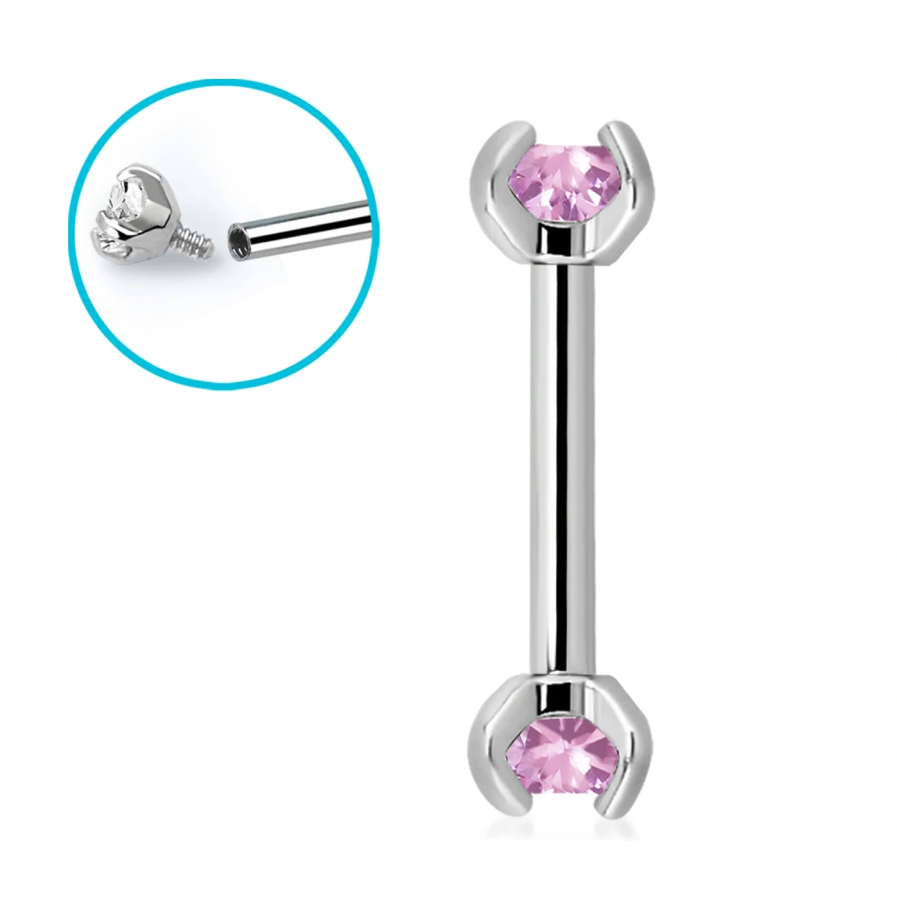 Rovná činka do piercingu – stříbrný šperk se světle růžovými krystaly délky 8 mm