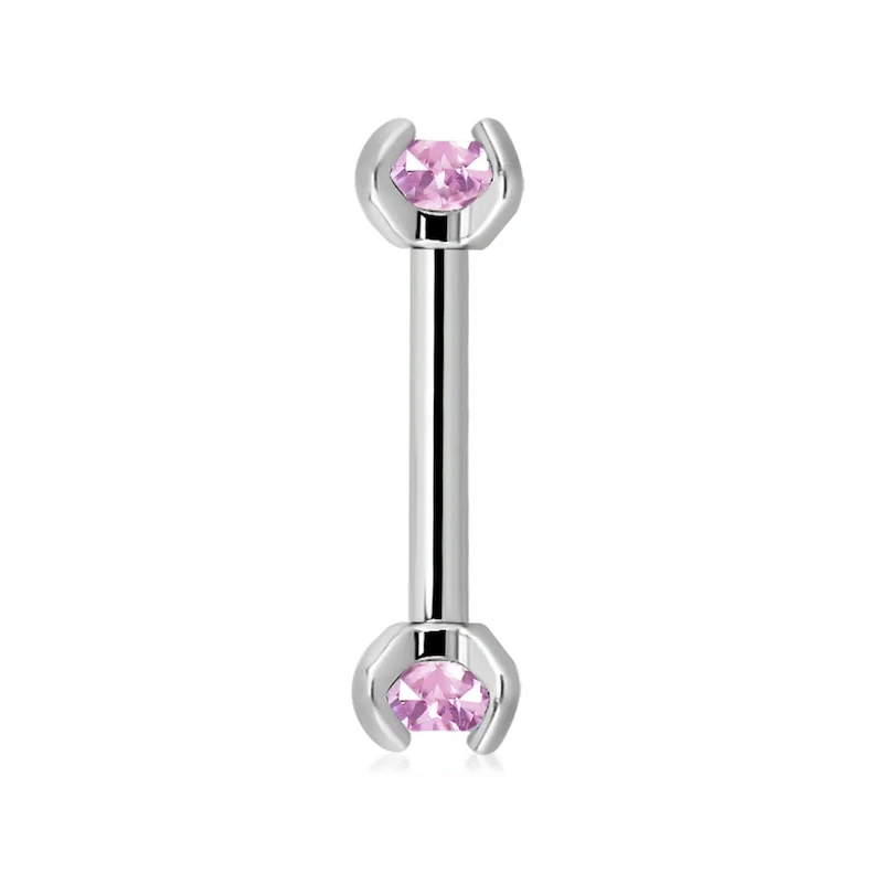 Rovná činka do piercingu – stříbrný šperk se světle růžovými krystaly délky 12 mm