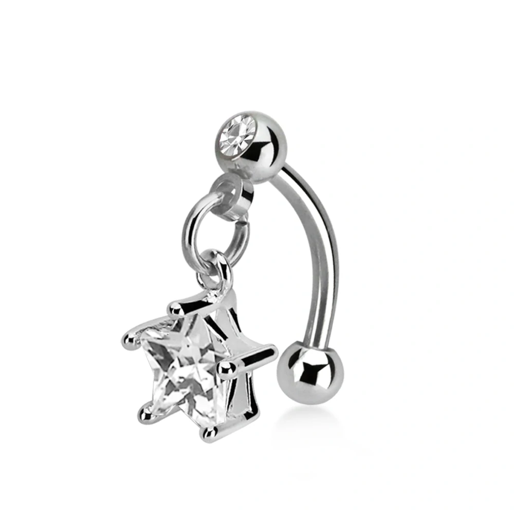 Piercing do pupíku – banán s hvězdou a kuličkami, čirá barva