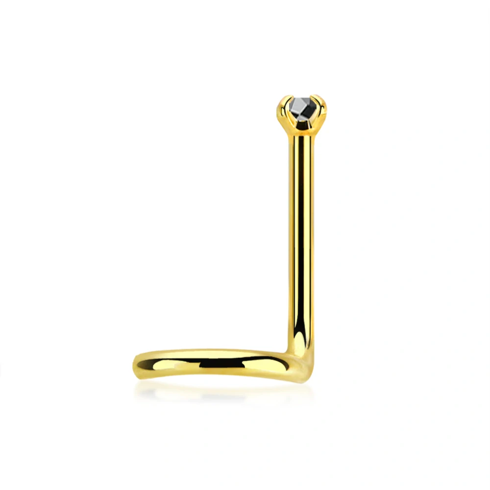 Zlatý zahnutý piercing do nosu s barevným kamínkem