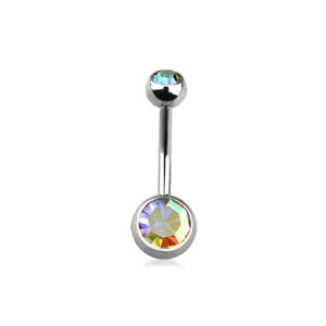 Piercing do pupíku – stříbrná činka s duhovými krystaly