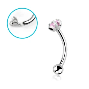 Zahnutá činka (banánek) do piercingu – stříbrná, kamínek + kulička, světle růžová 8 mm
