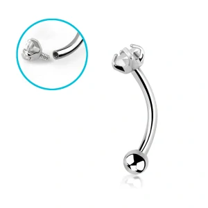 Zahnutá činka (banánek) do piercingu – stříbrná, kamínek + kulička, čirá 8 mm