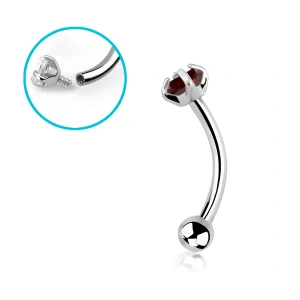 Zahnutá činka (banánek) do piercingu – stříbrná, kamínek + kulička, granátová 8 mm