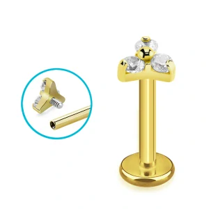 Titanový labret G23 – zlatý 6 mm, 3 čiré krystaly