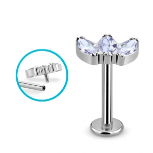 Titanový labret se třemi různébarevnými krystaly – ocelová barva