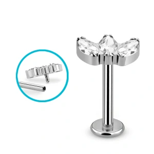 Titanový labret se třemi různébarevnými krystaly – ocelová barva
