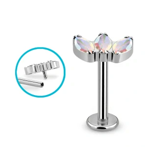 Titanový labret se třemi různébarevnými krystaly – ocelová barva