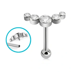 Titanová činka v barvě oceli s pěti kulatými krystaly v různých barvách