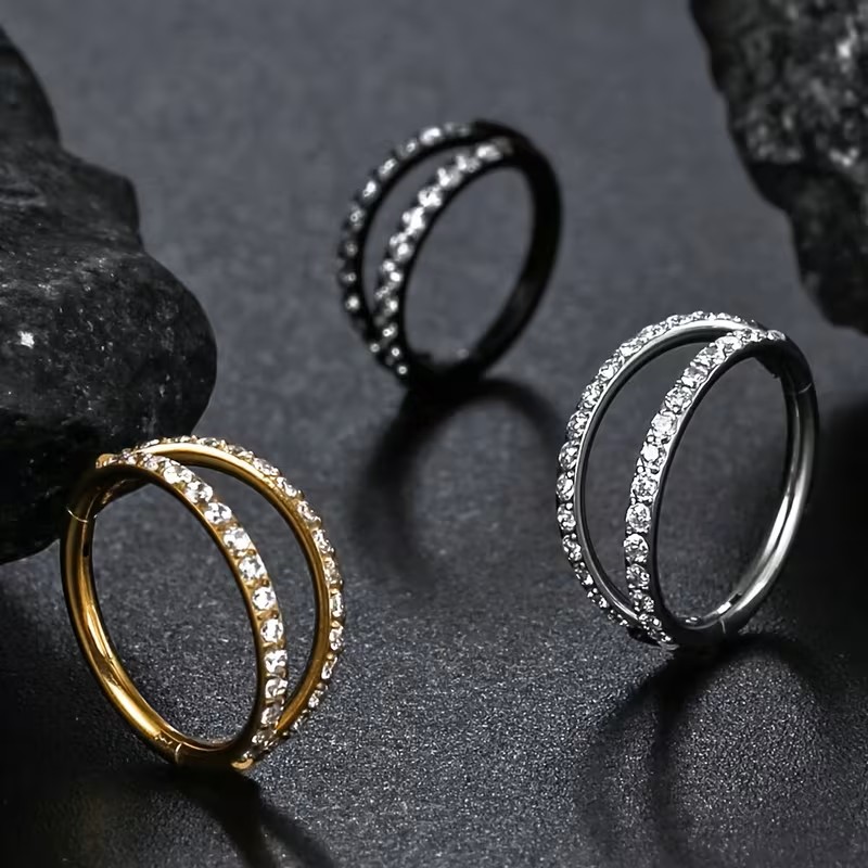 Dvojitý piercingový kroužek s čirými krystaly z chirurgické oceli 316L LXACCKR02 InfinityPierce