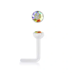 Zahnutý piercing do nosu z bioplastu s krystalem Swarovski - duhová
