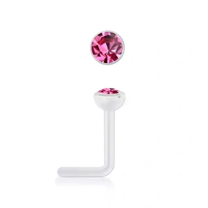 Zahnutý piercing do nosu z bioplastu s krystalem Swarovski – světle růžová