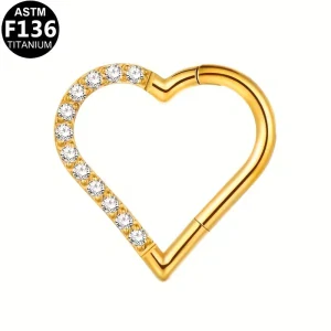 Titanový piercing do nosu / ucha – srdíčko s čirými krystaly, G23, 16G