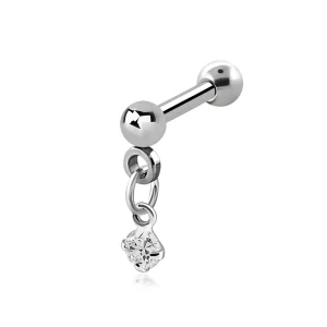 Stříbrný piercing do ucha s kamínkem a řetízkem – čirá 8 mm