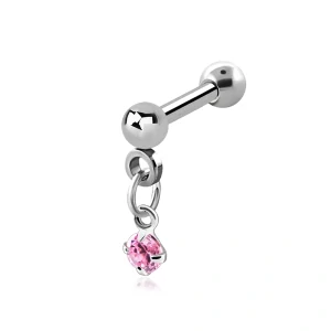 Stříbrný piercing do ucha s kamínkem a řetízkem – růžová 8 mm