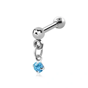 Stříbrný piercing do ucha s kamínkem a řetízkem – aquamarín 8 mm