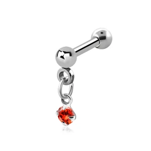 Stříbrný piercing do ucha s kamínkem a řetízkem – oranžová 8 mm