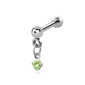 Stříbrný piercing do ucha s kamínkem a řetízkem – zelená 8 mm
