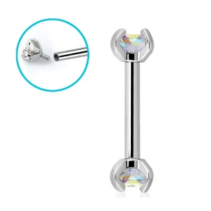 Rovná piercingová činka stříbrná s duhovými krystaly délky 8 mm