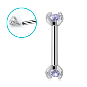 Rovná piercingová činka stříbrná s levandulovými krystaly