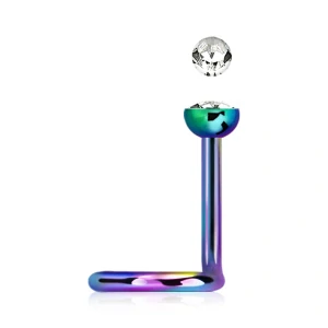 Různěbarevný zahnutý piercing do nosu s kamínky v různých barvách