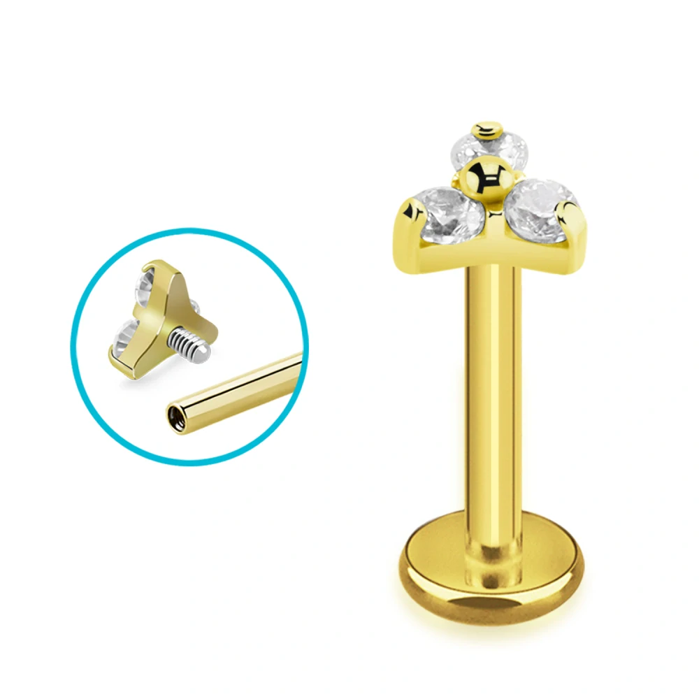 Titanový labret G23 – zlatý 6 mm, 3 čiré krystaly